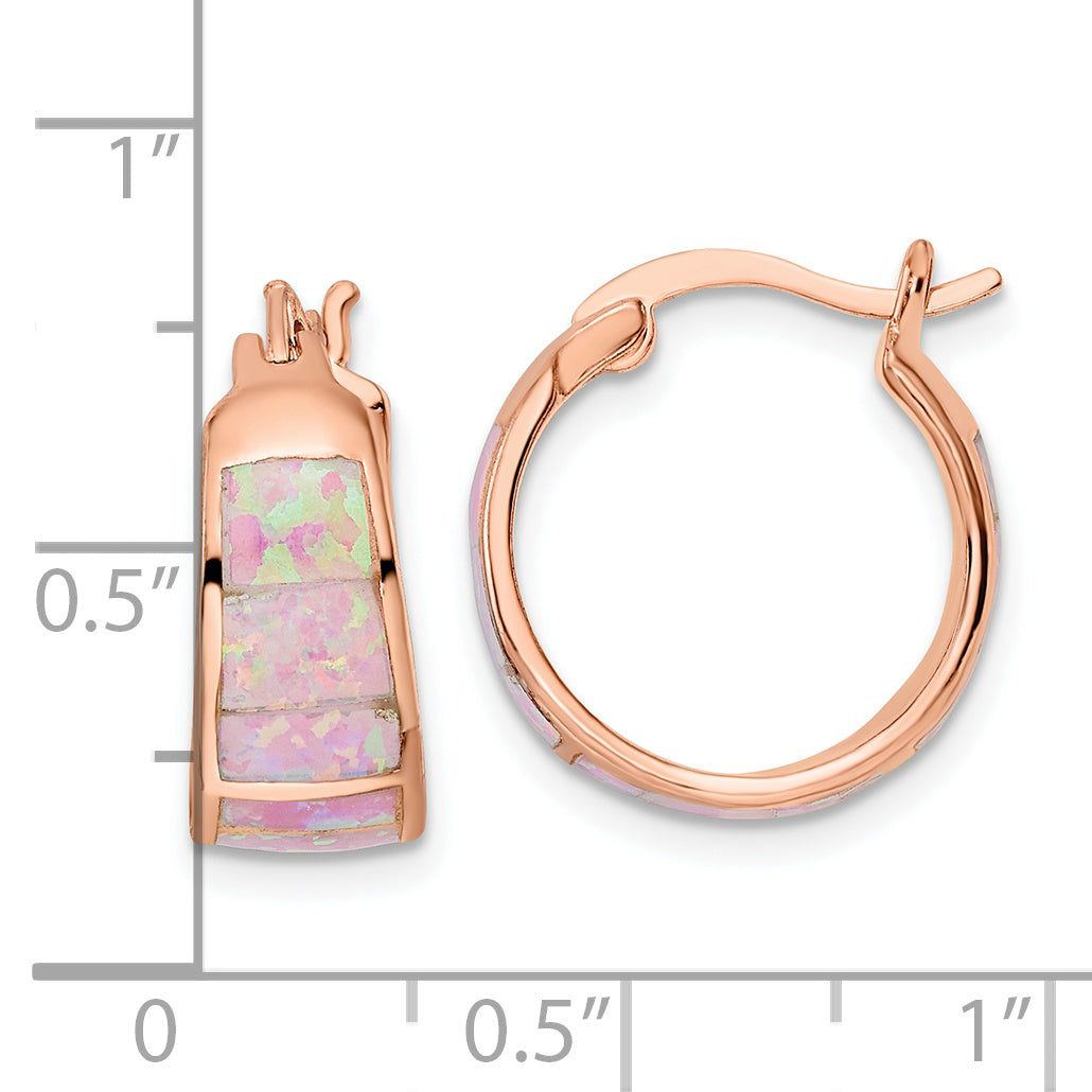 Sterling Silver Rose-tone Polished Pink Created Opal Inlay Hoop Earrings