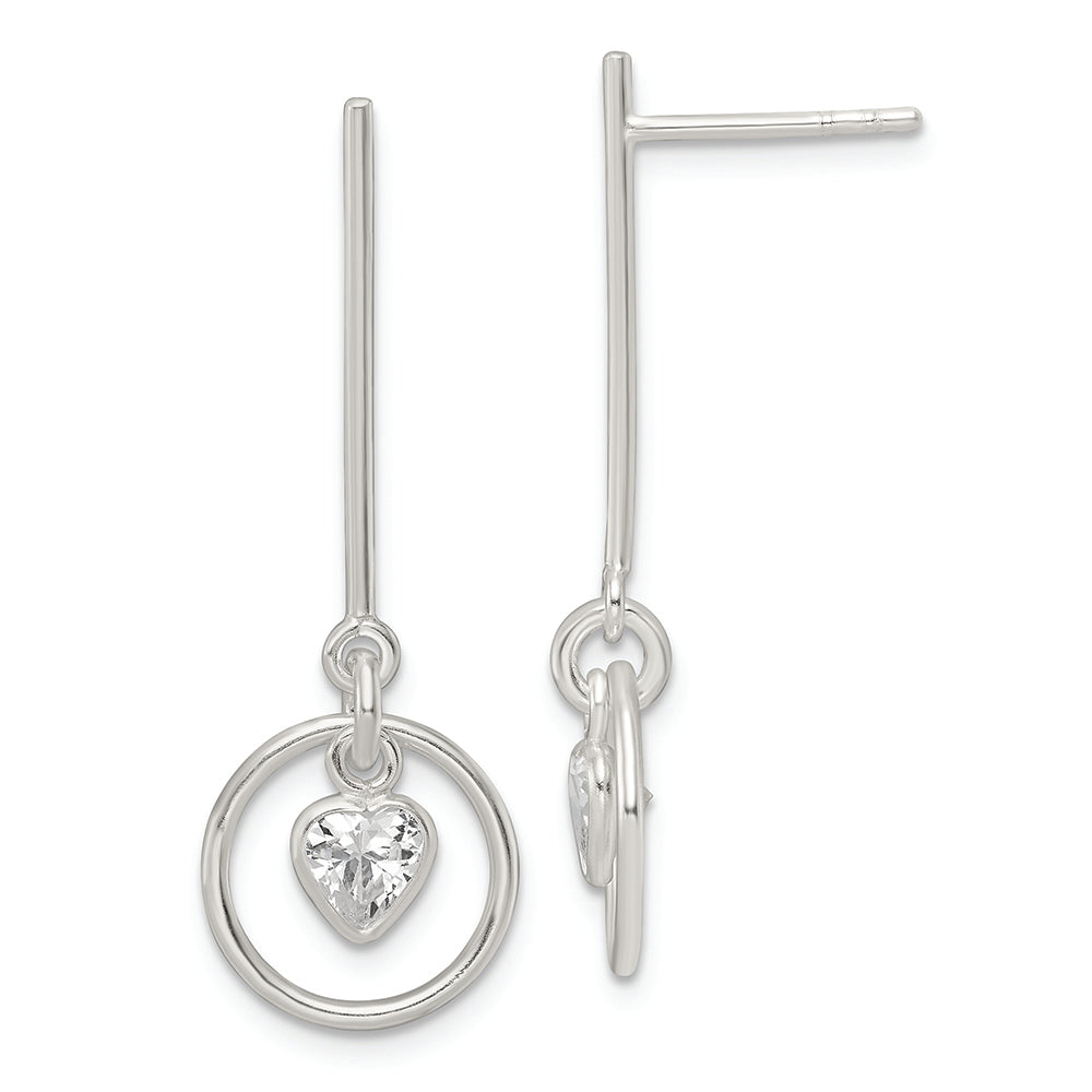 Sterling Silver Polished Dangle Heart CZ Post Earrings