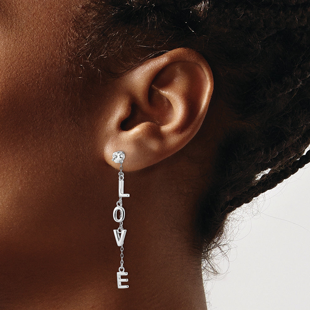 Sterling Silver Rhodium-plated Polished LOVE CZ Dangle Post Earrings