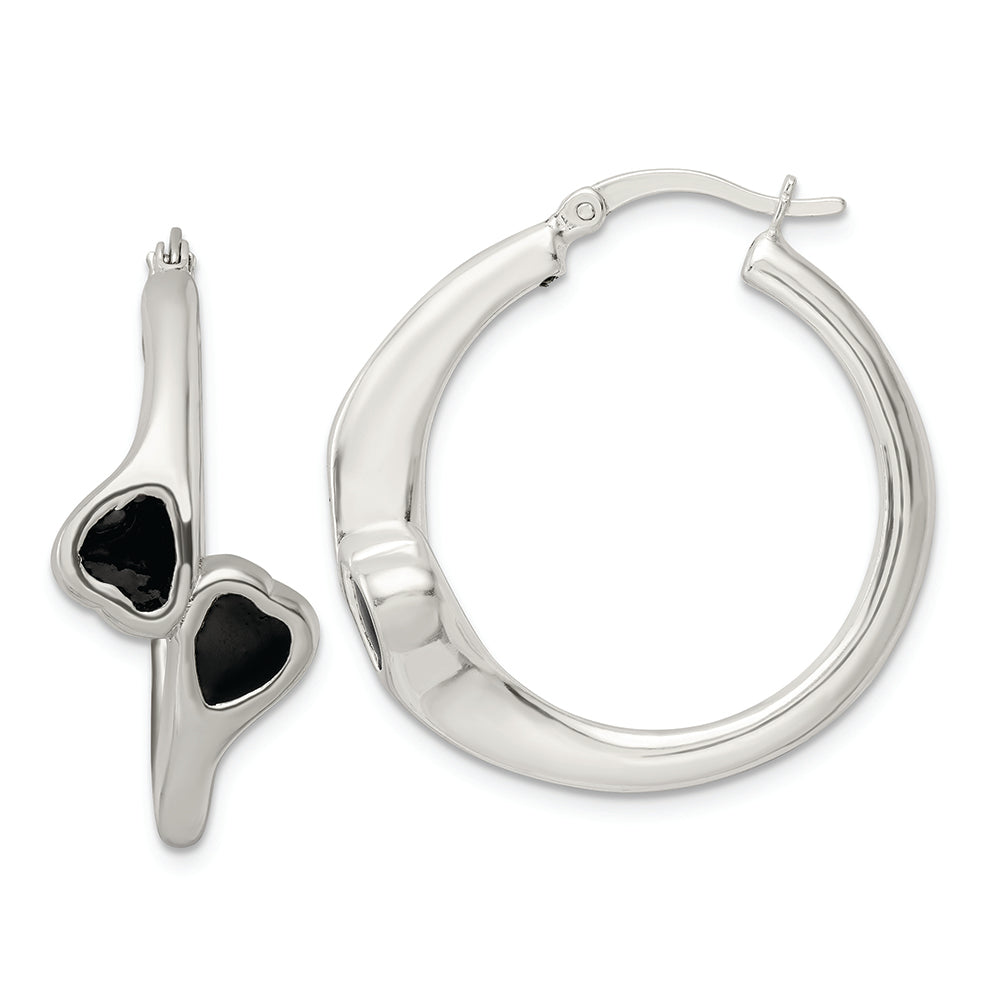 Sterling Silver Polished Black Enameled ByPass Circle Hoop Earrings