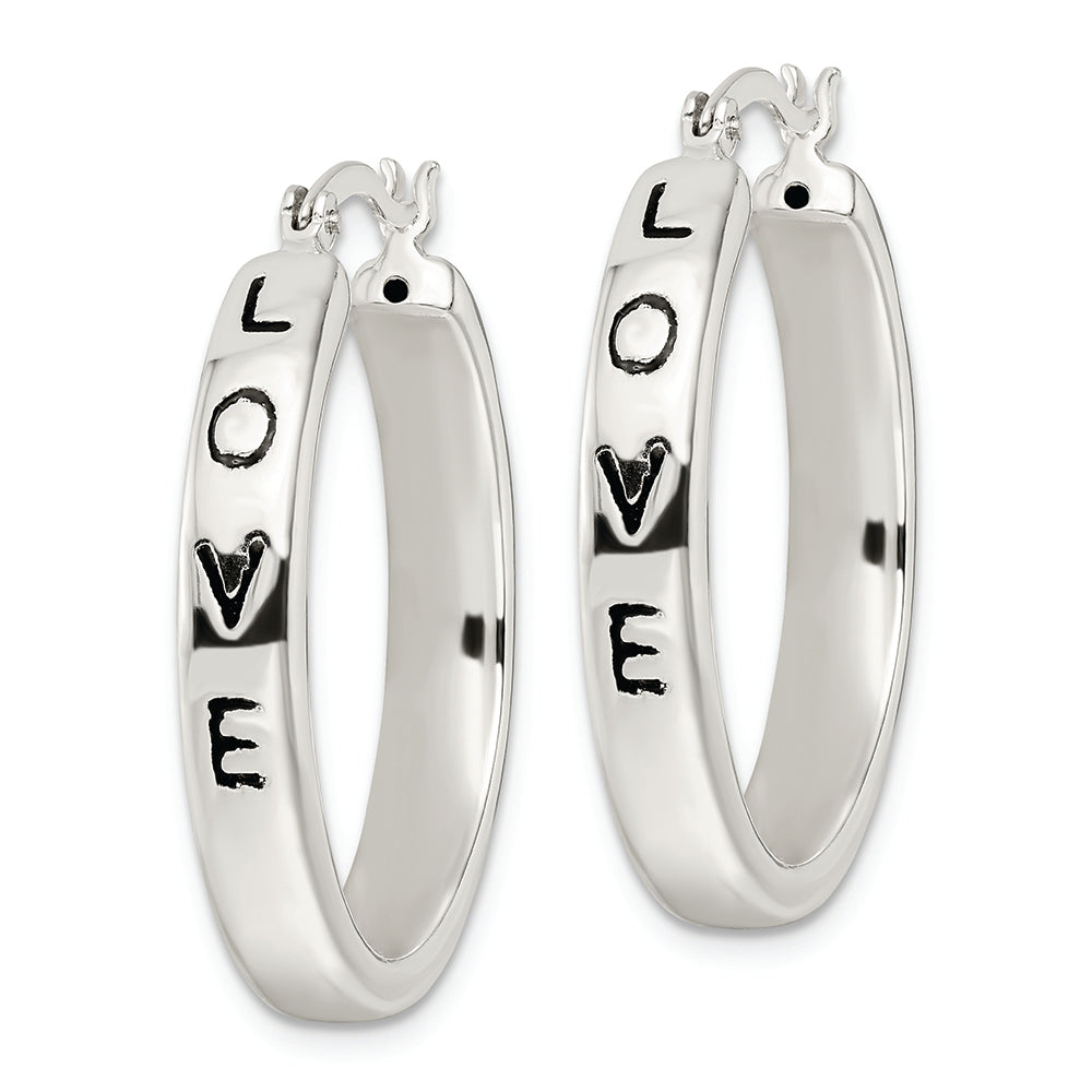 Sterling Silver Polished Black Enamel Love Circle Hoop Earrings