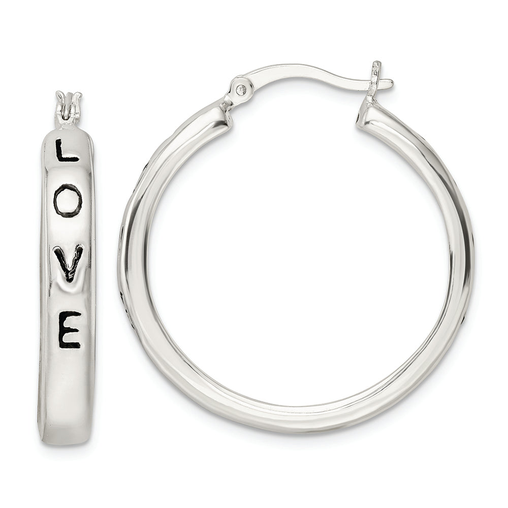 Sterling Silver Polished Black Enamel Love Circle Hoop Earrings