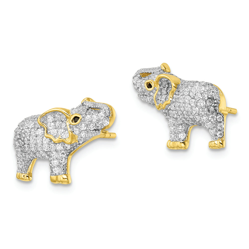Sterling Silver Rhodium-plated Gold Tone CZ Elephant Post Earrings