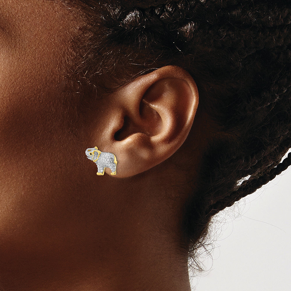 Sterling Silver Rhodium-plated Gold Tone CZ Elephant Post Earrings