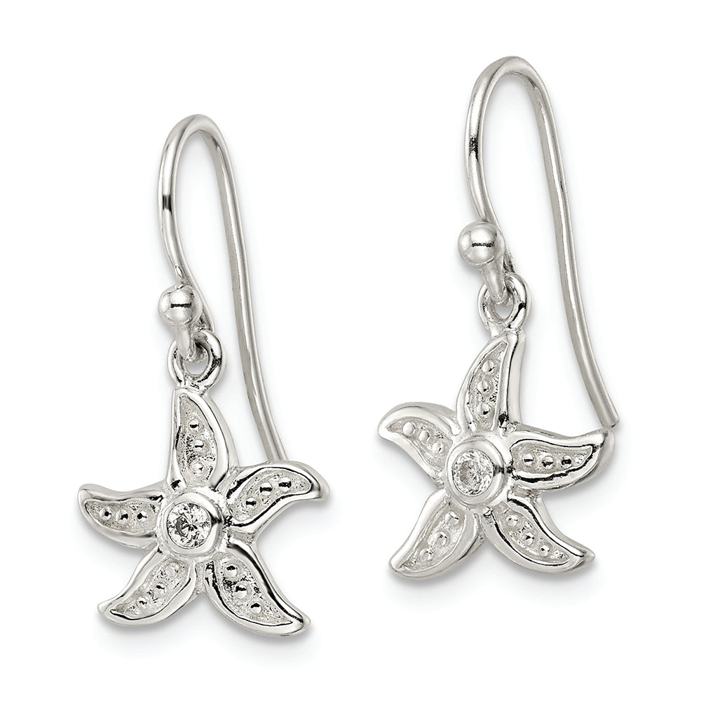 Sterling Silver Textured CZ Center Starfish Shepherd Hook Earrings