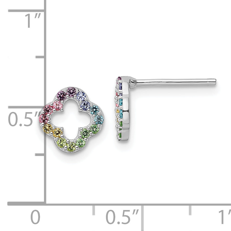 Sterling Silver Rhodium-plated Rainbow Crystal Clover Post Earrings