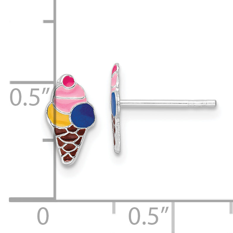 Sterling Silver RH-plated Enamel Kids Ice Cream Cone Post Earrings