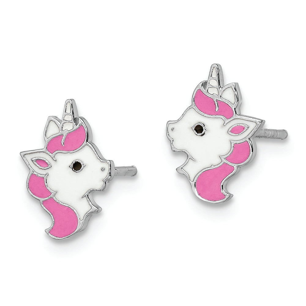 Sterling Silver Rhodium-plated Enamel Unicorn Post Earrings