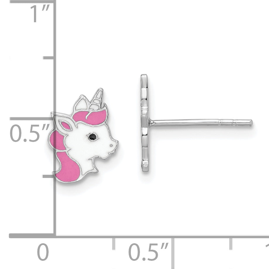 Sterling Silver Rhodium-plated Enamel Unicorn Post Earrings