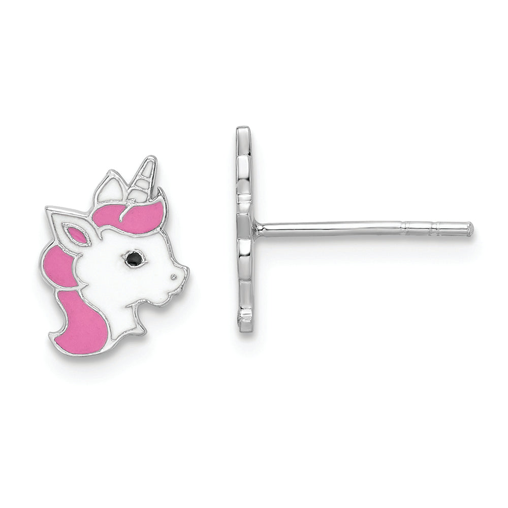 Sterling Silver Rhodium-plated Enamel Unicorn Post Earrings