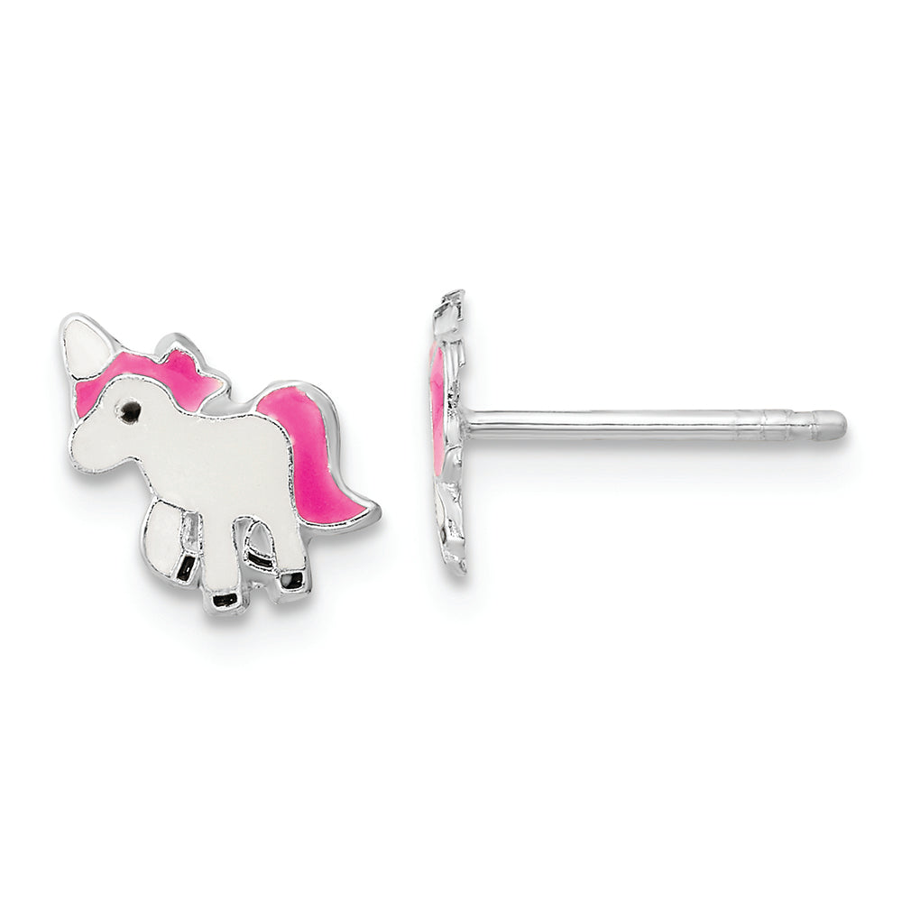 Sterling Silver RH-plated Polished Enameled Unicorn Post Earrings