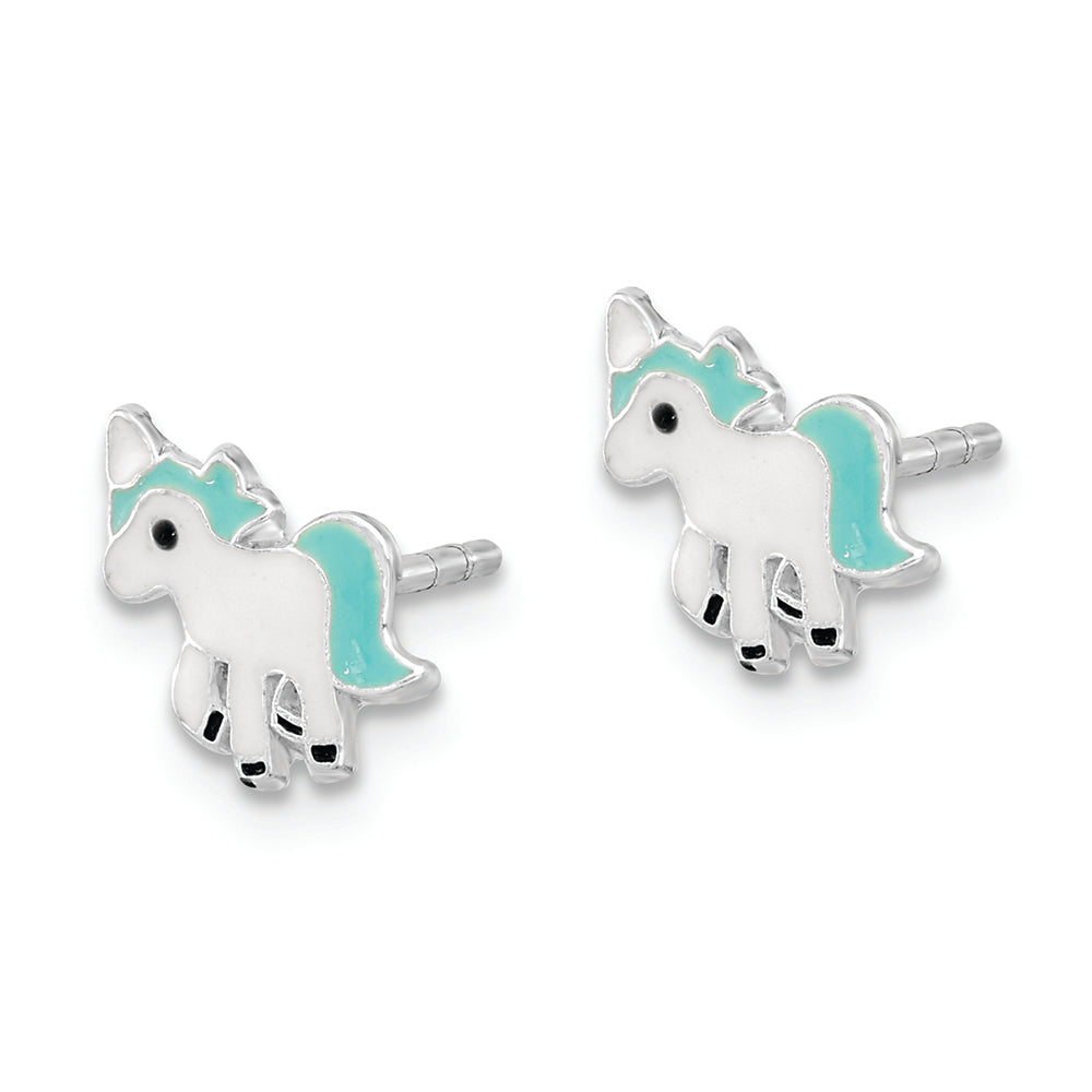 Sterling Silver Rhodium-plated Polished Enameled Unicorn Post Earrings