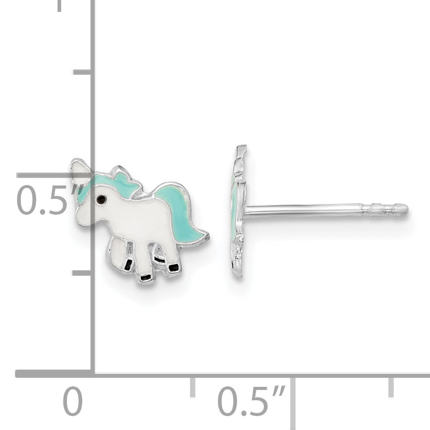 Sterling Silver Rhodium-plated Polished Enameled Unicorn Post Earrings