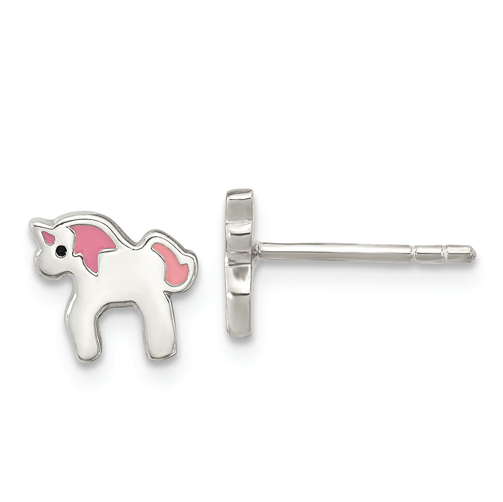Sterling Silver Rhod-pltd Multicolor Enamel Unicorn Childs Post Earrings