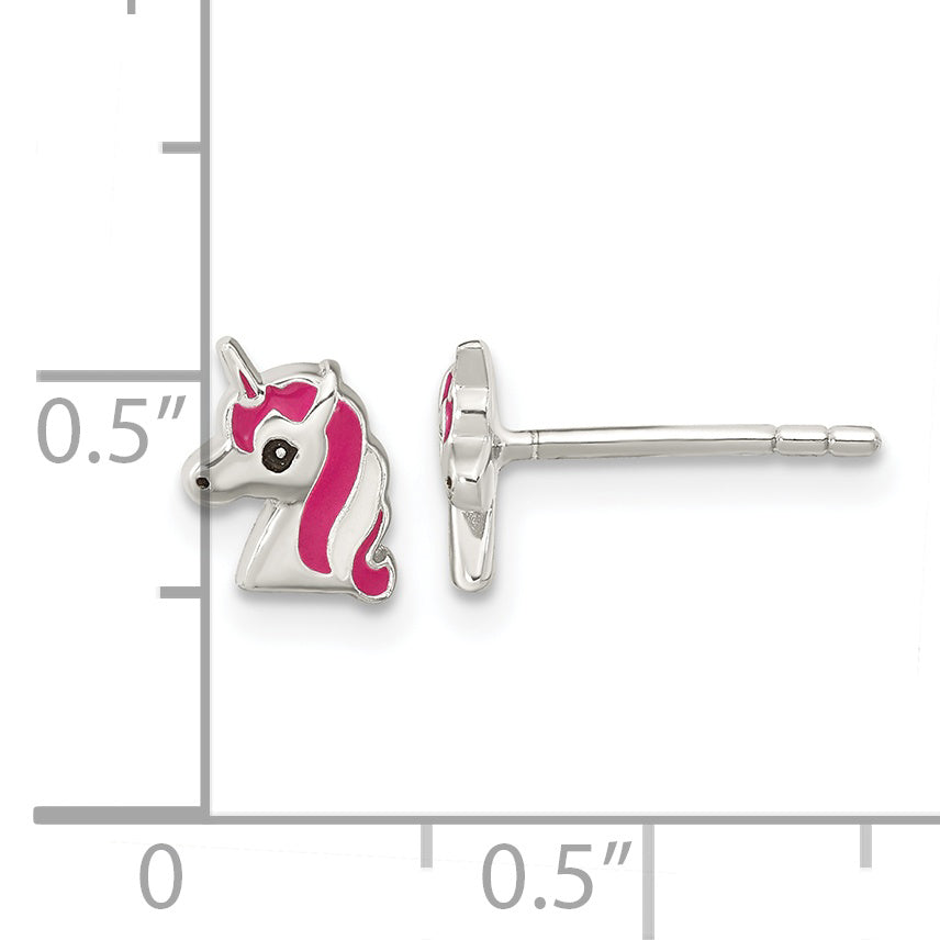 Sterling Silver Rhod-pltd Pink Enamel Unicorn Head Childs Post Earrings