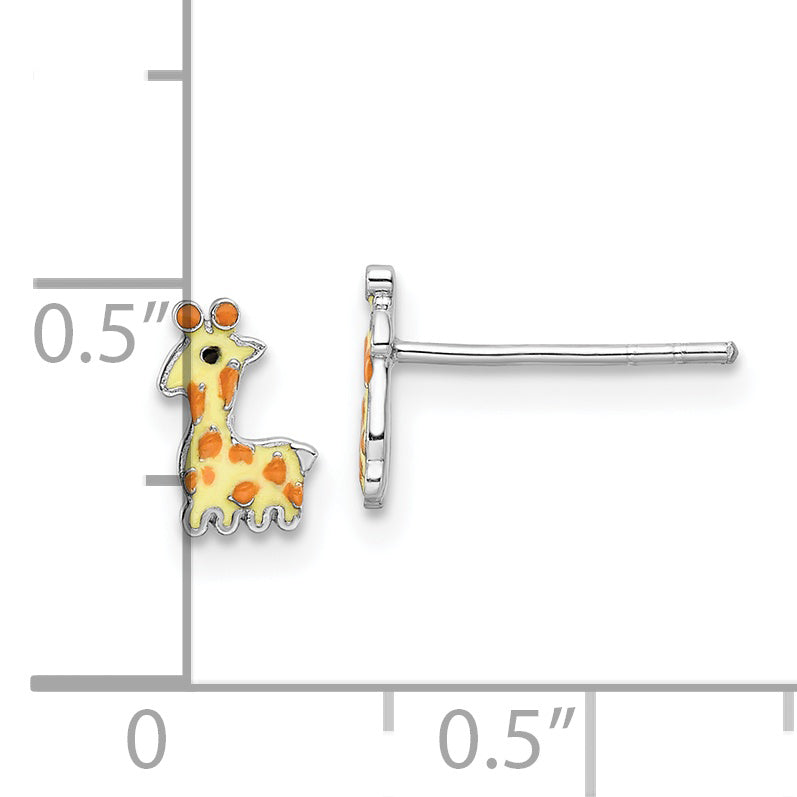 Sterling Silver RH-plated Enameled Giraffe Children's Post Earrings