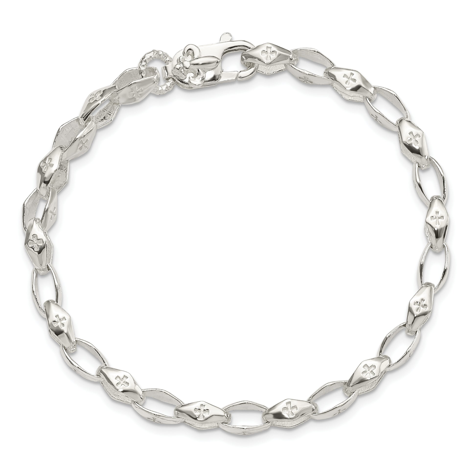 Sterling Silver Polished Cross w/Fleur de Lis Clasp Bracelet