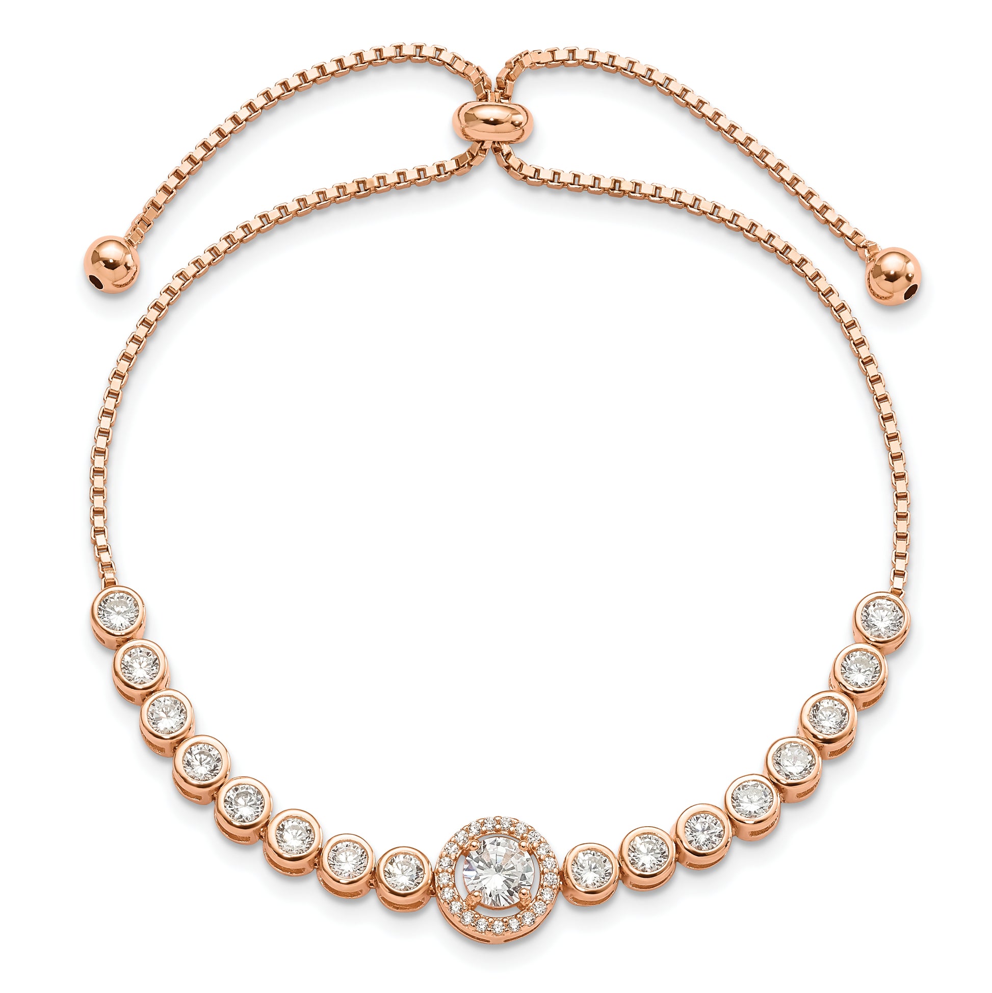 Sterling Silver Rose-tone Bezel Set CZ & CZ Halo Adjustable Bracelet