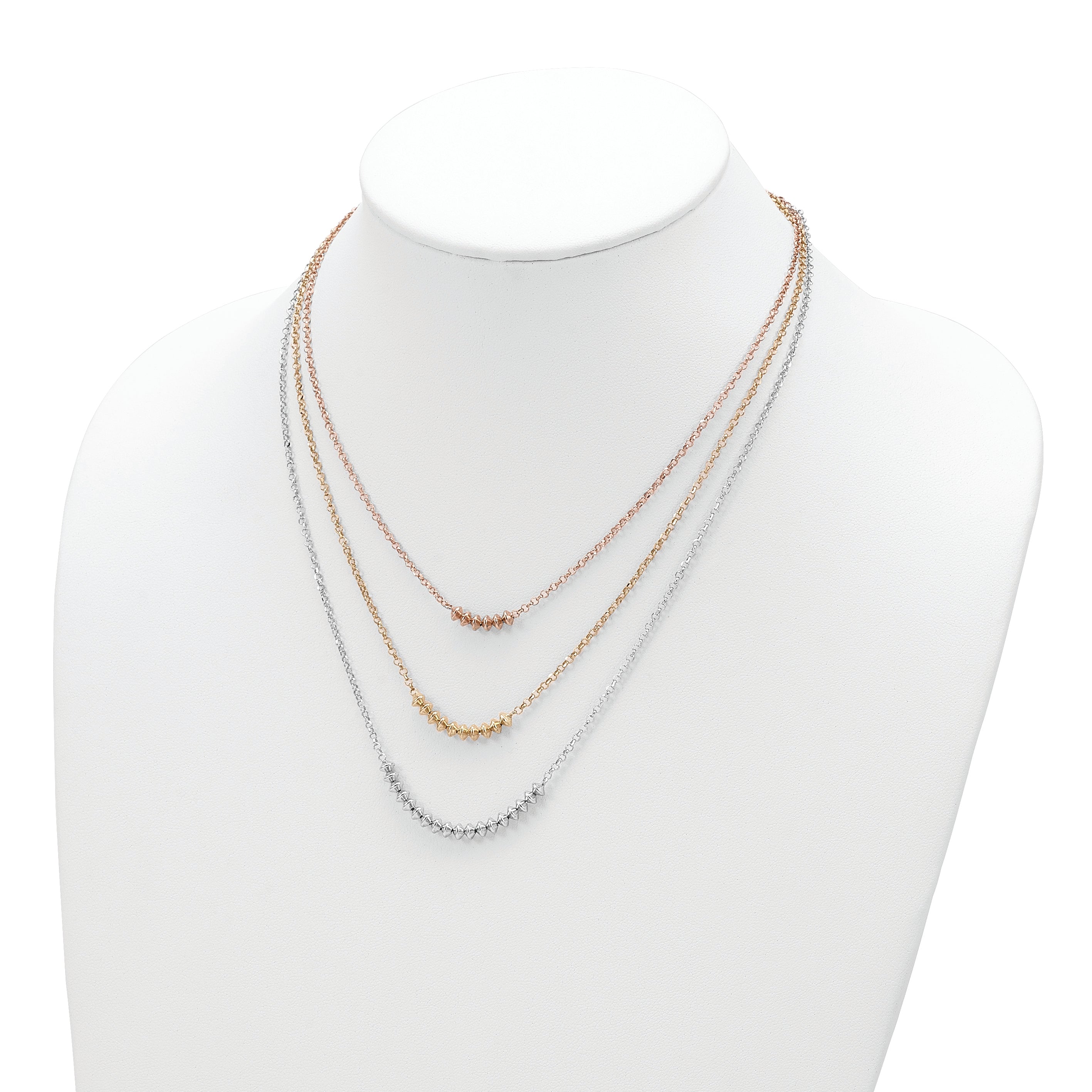 Sterling Silver Rhod-plated Rose/Gold-tone 3 Strand w/1.25in ext Necklace