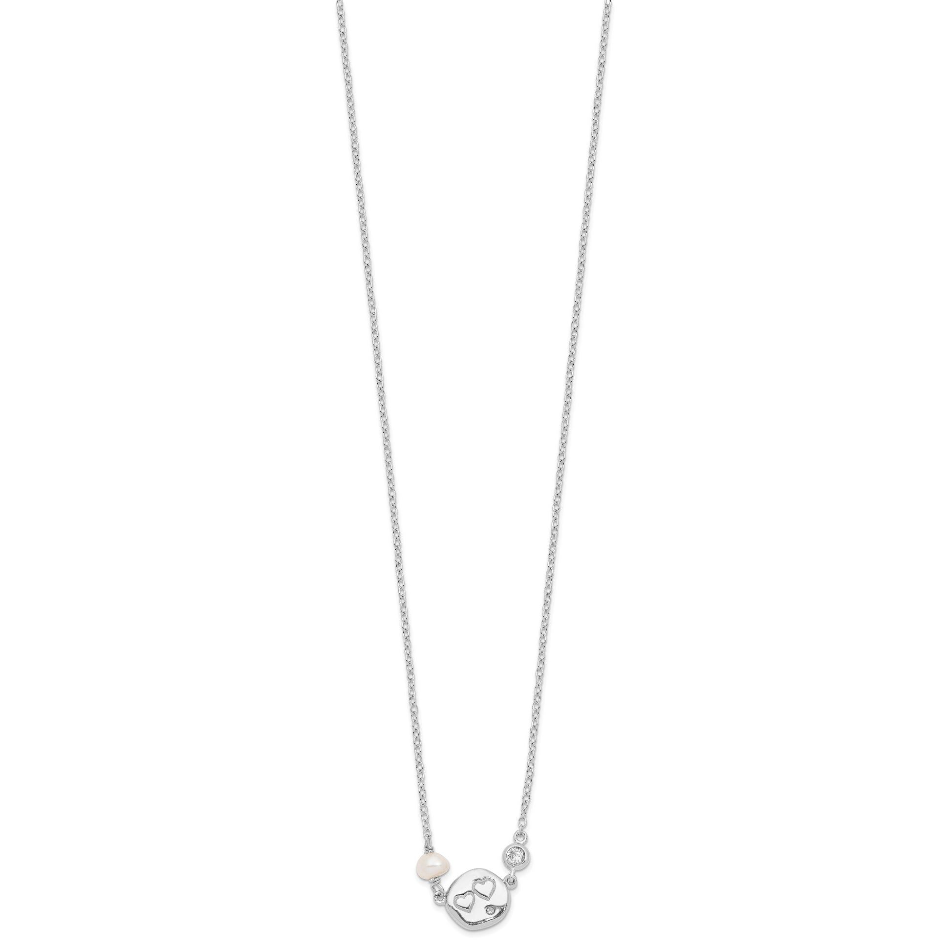 Sterling Silver Rhodium-plated CZ FW Cultured Pearl w/Hearts Necklace