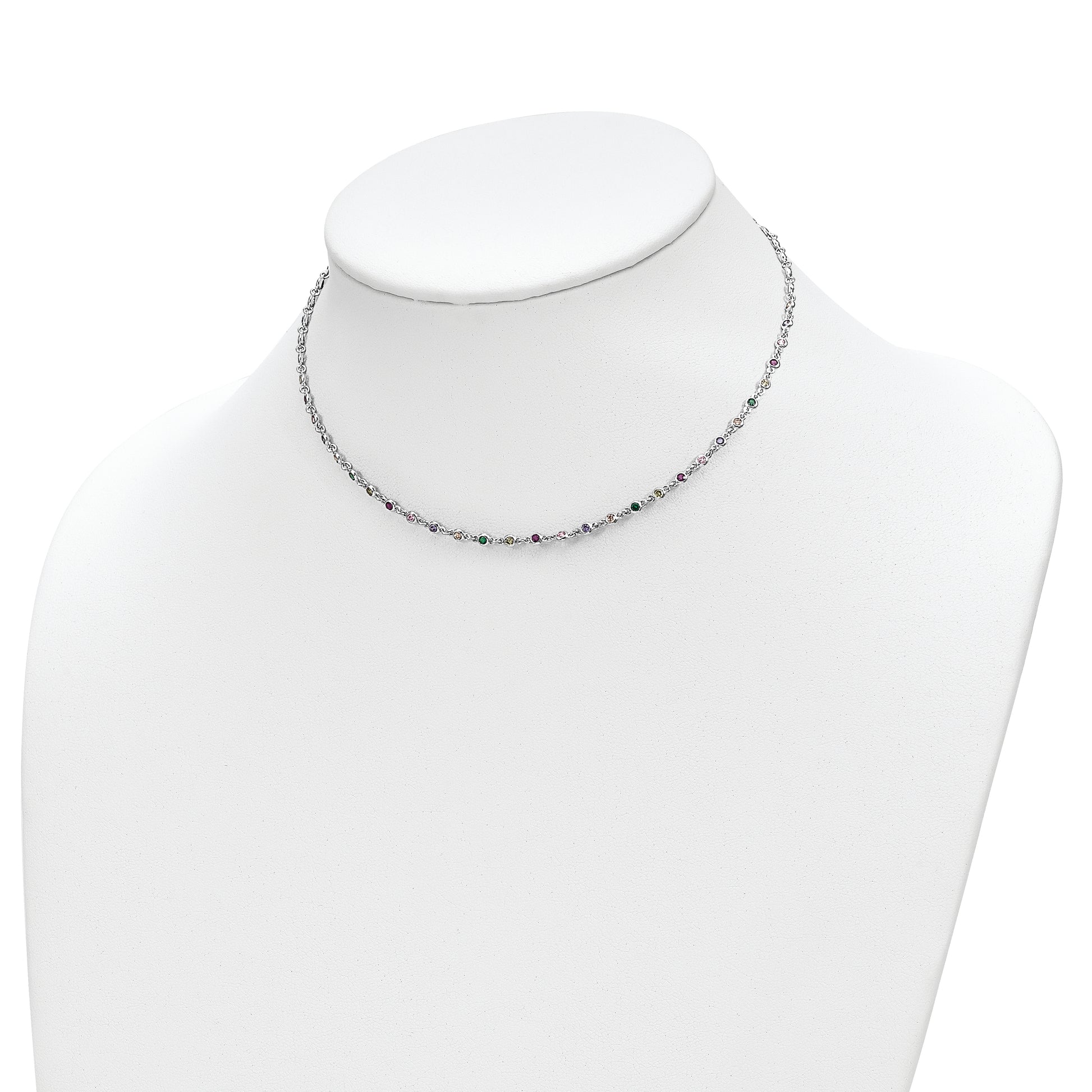 Sterling Silver Rhodium-plated Polished Multi-color CZ w/3 IN EXT Choker