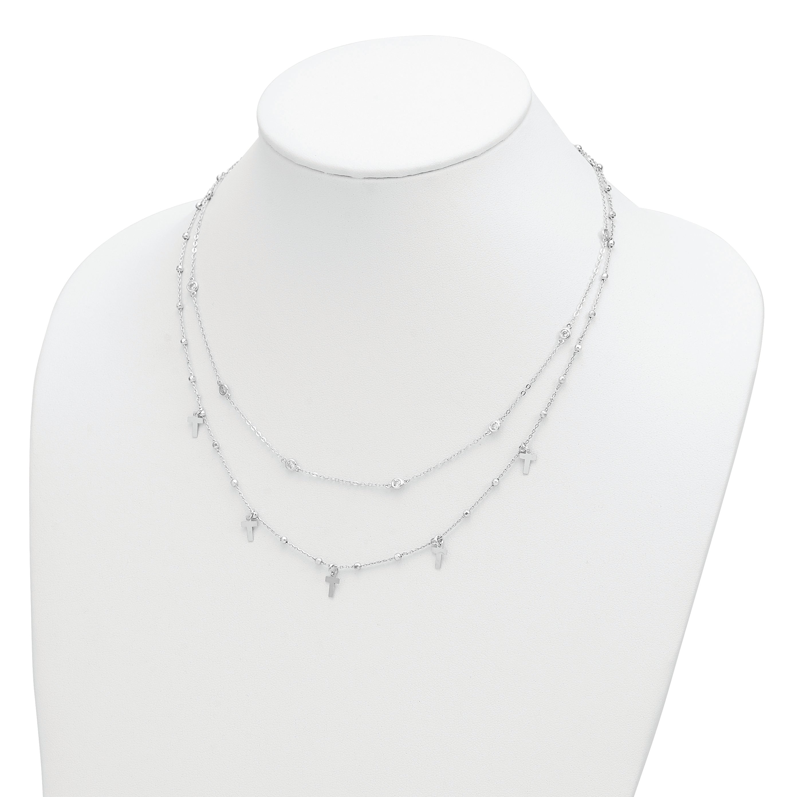Sterling Silver Rhodium-plated Polished Cross and CZ w/ 2in ext. Necklace