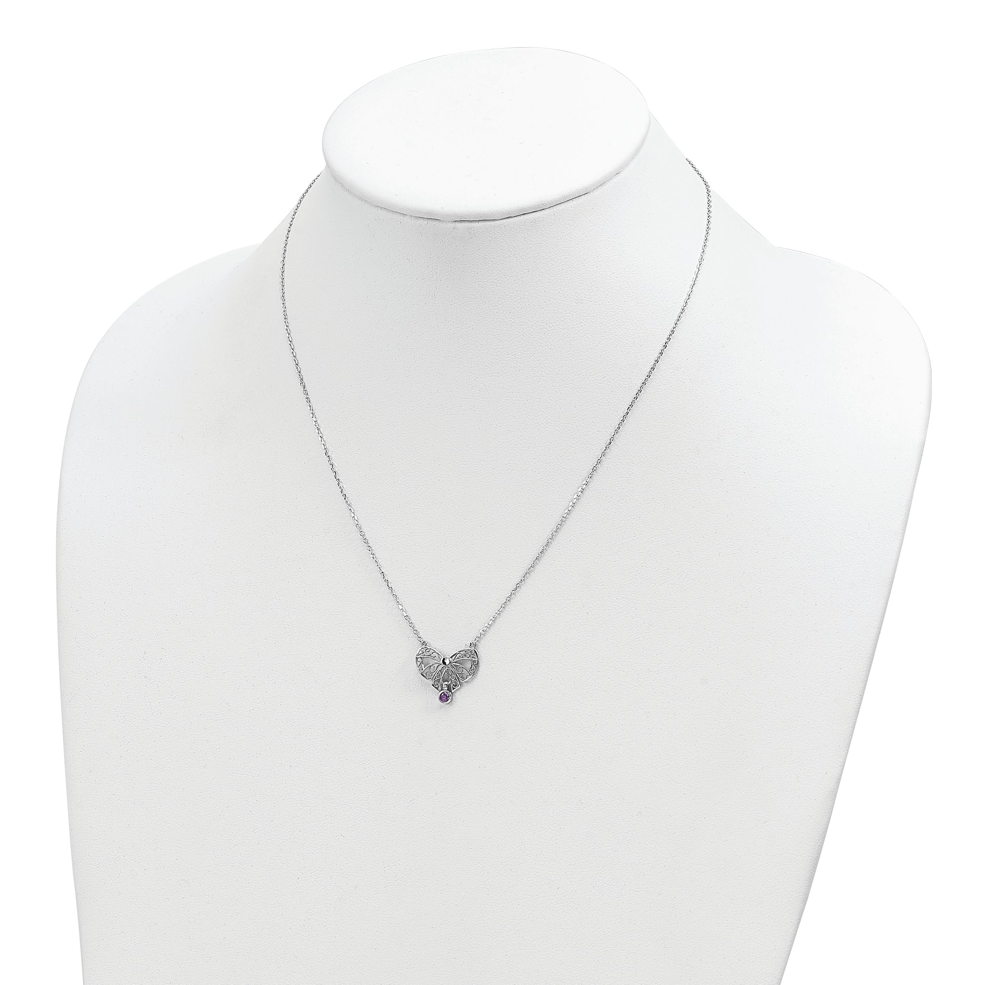 Sterling Silver Rhodium-plated Polished Feb. Bow CZ Birthstone Necklace