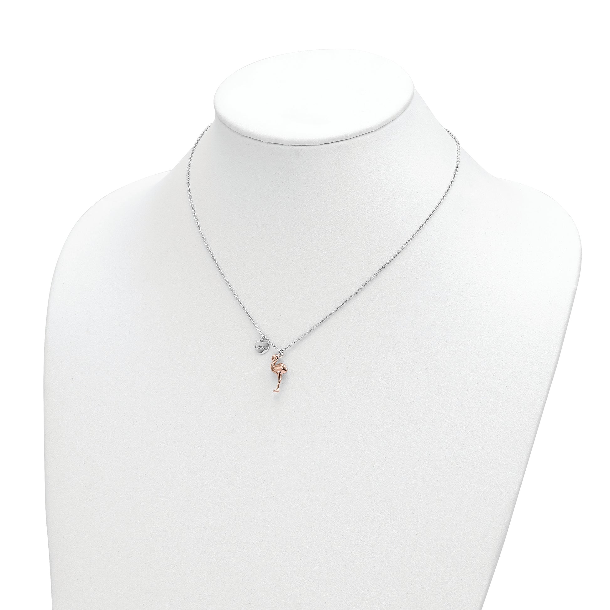 Sterling Silver RH-plate Rose-plated Flamingo Heart 16.5 + 1in Necklace