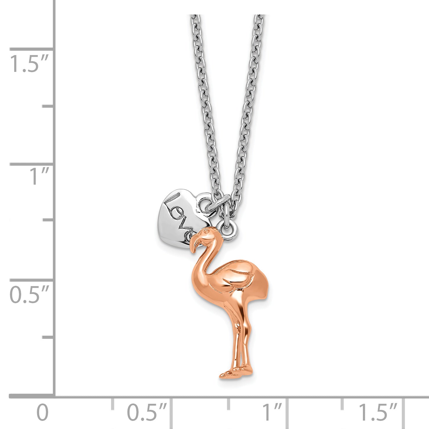 Sterling Silver RH-plate Rose-plated Flamingo Heart 16.5 + 1in Necklace