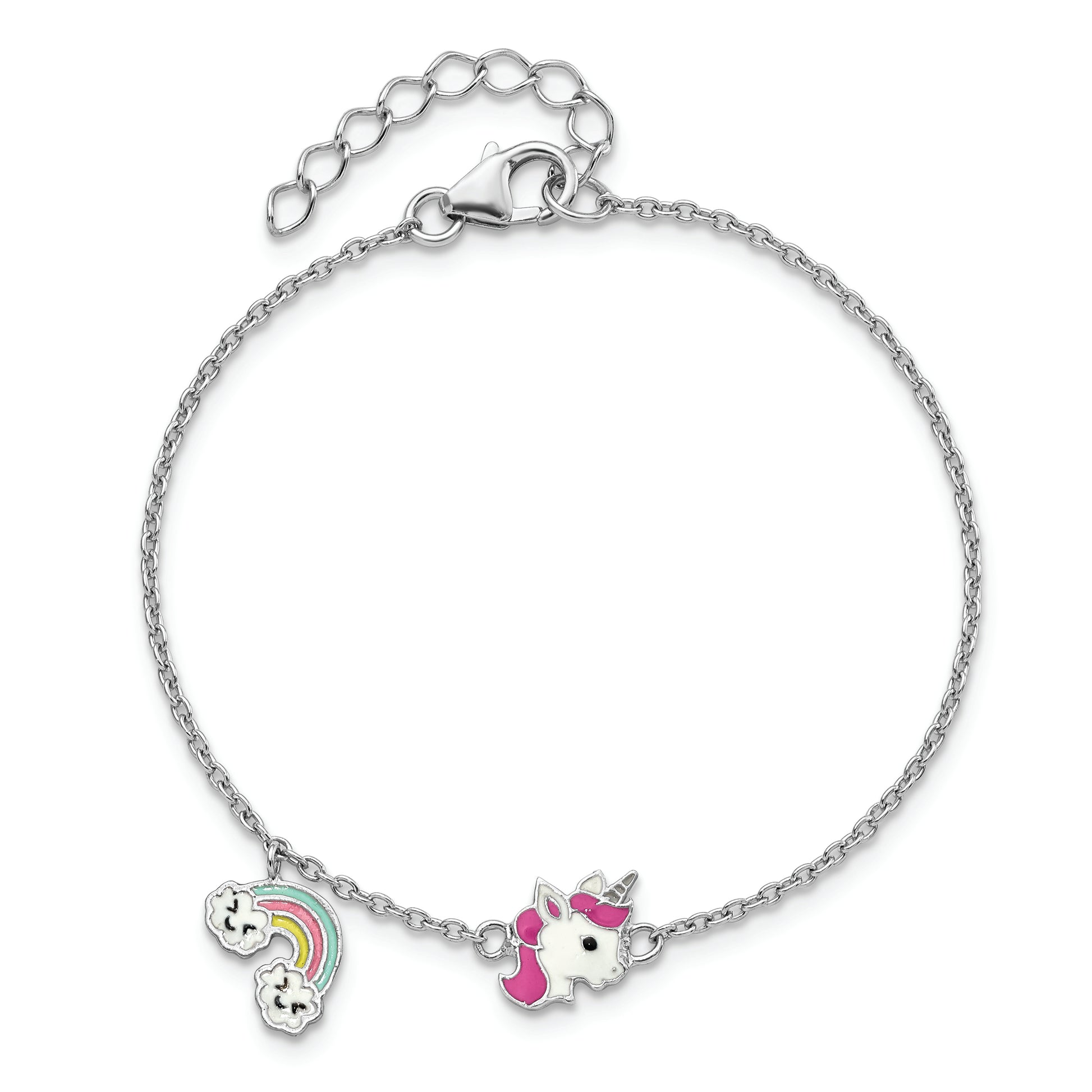 SS RH-plated Enameled Unicorn & Rainbow w/ 1in Ext. Children's Bracelet