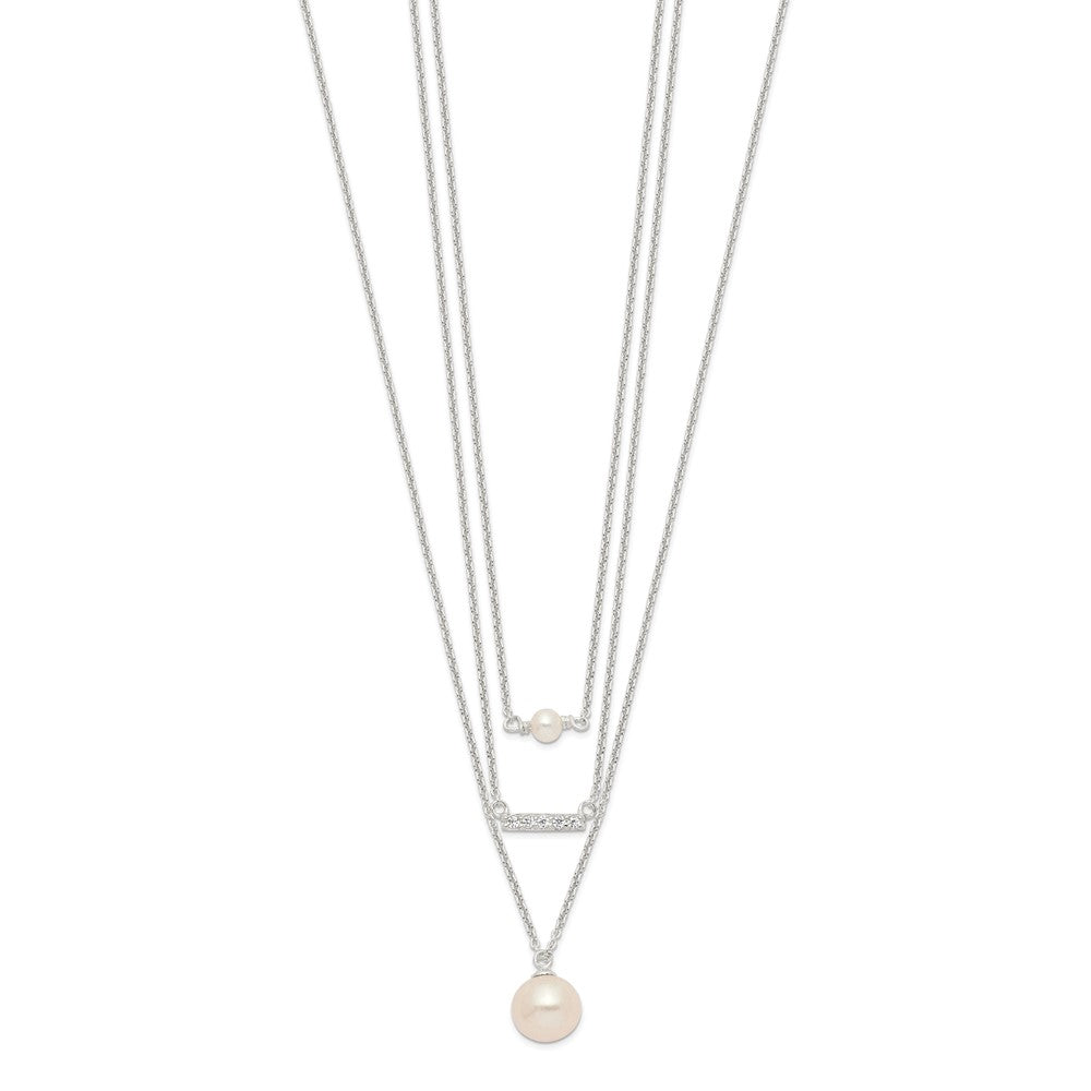 Sterling Silver Rhodium-plated Multi Strand CZ and Glass Pearl Necklace