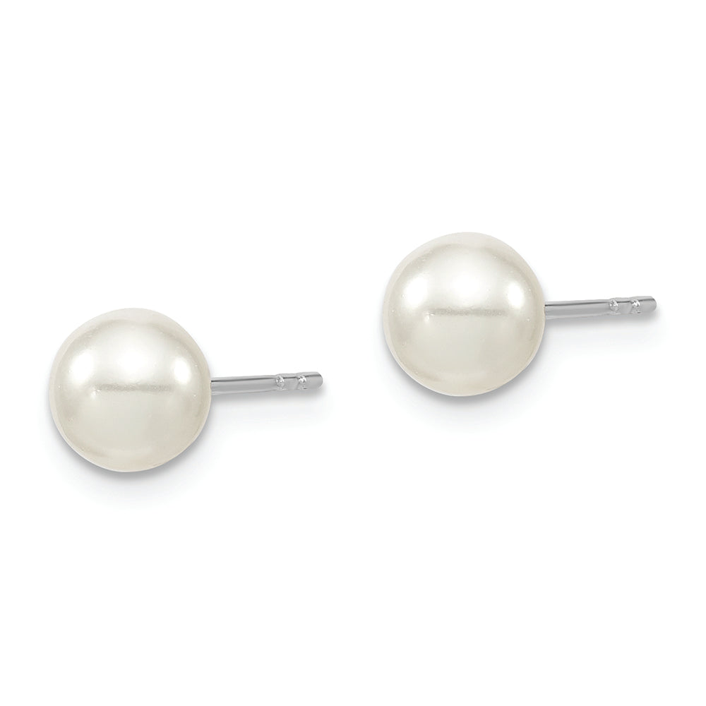 Sterling Silver Majestik Rh-pl 6-7mm White Imit. Shell Pearl Stud Earrings