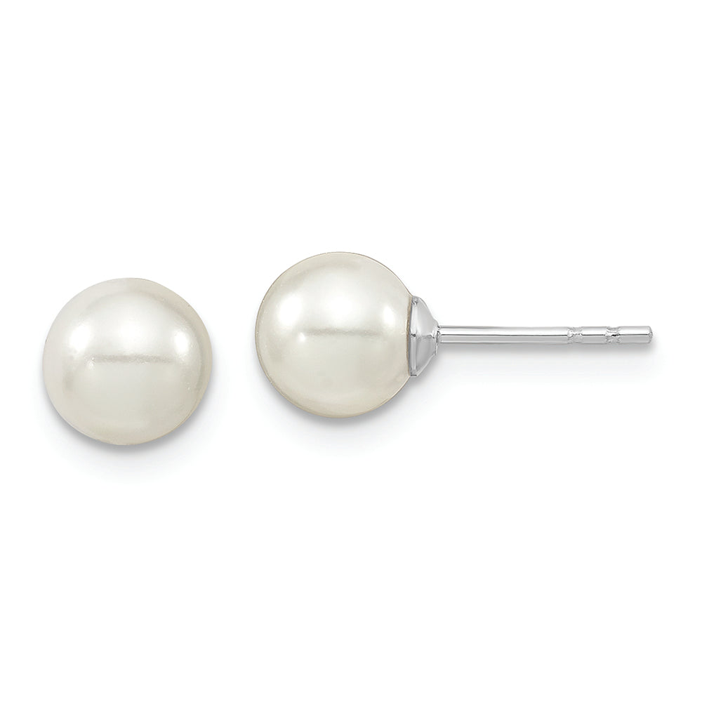 Sterling Silver Majestik Rh-pl 6-7mm White Imit. Shell Pearl Stud Earrings