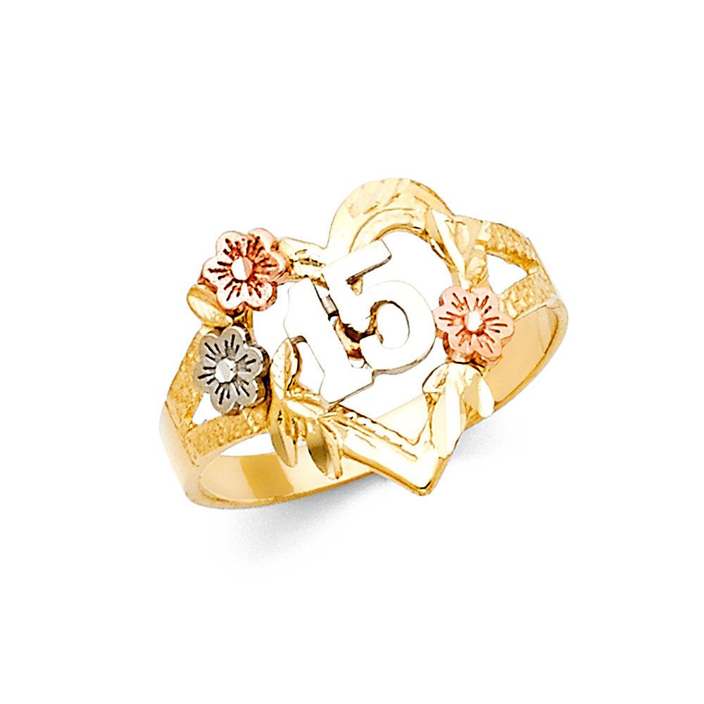 14K Tri-Color Quinceañera 15 Años Ring