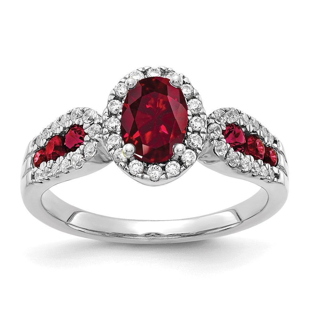 10k White Gold 1/3 ct Lab Grown Diamond VS/SI+ G+ & Oval Cr Ruby Ring