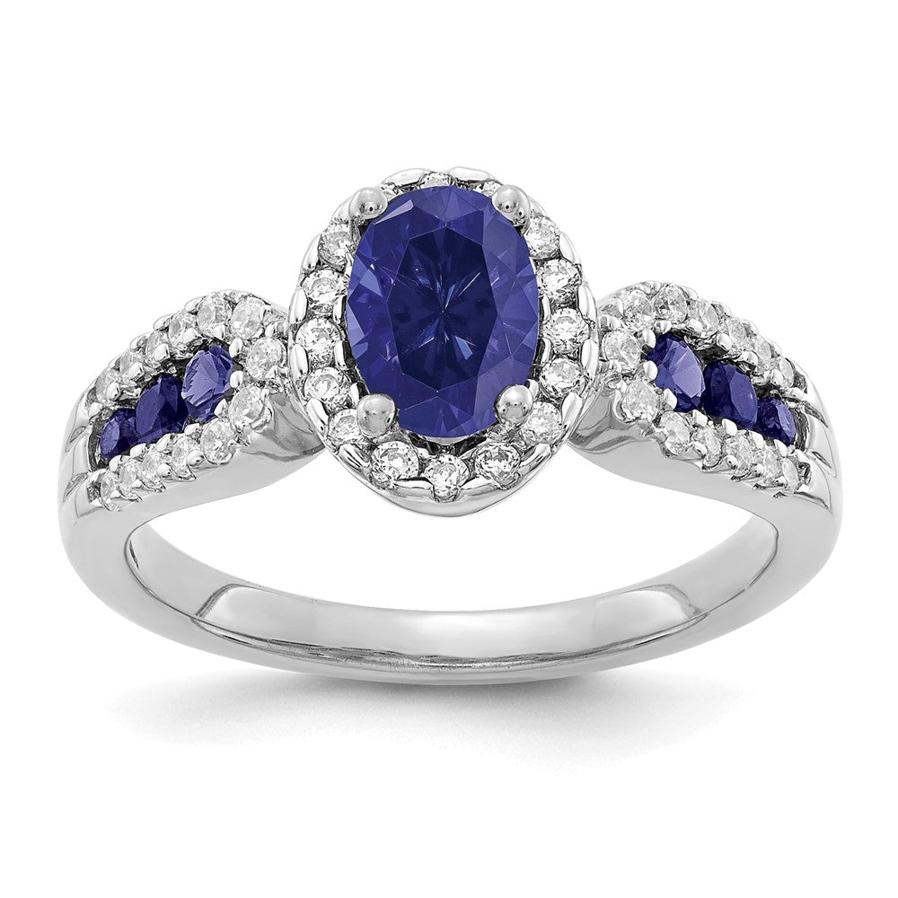 10k White Gold 1/3 ct Lab Grown Diamond VS/SI+ G+ & Oval Cr Sapphire Ring