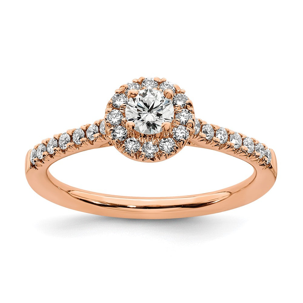 14k Rose Gold 1/2ct Lab Grown Dia VS/SI+ G+ Round Comp Halo Eng Ring