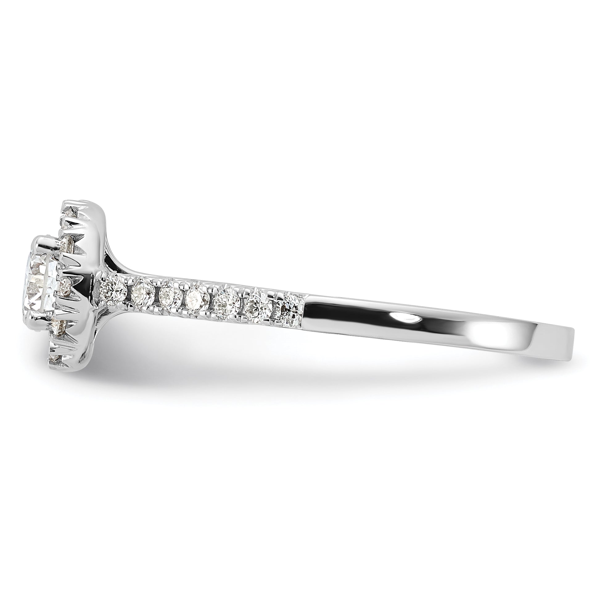 14k White Gold 3/4ct Lab Grown Dia VS/SI+ G+ Round Comp Halo Eng Ring
