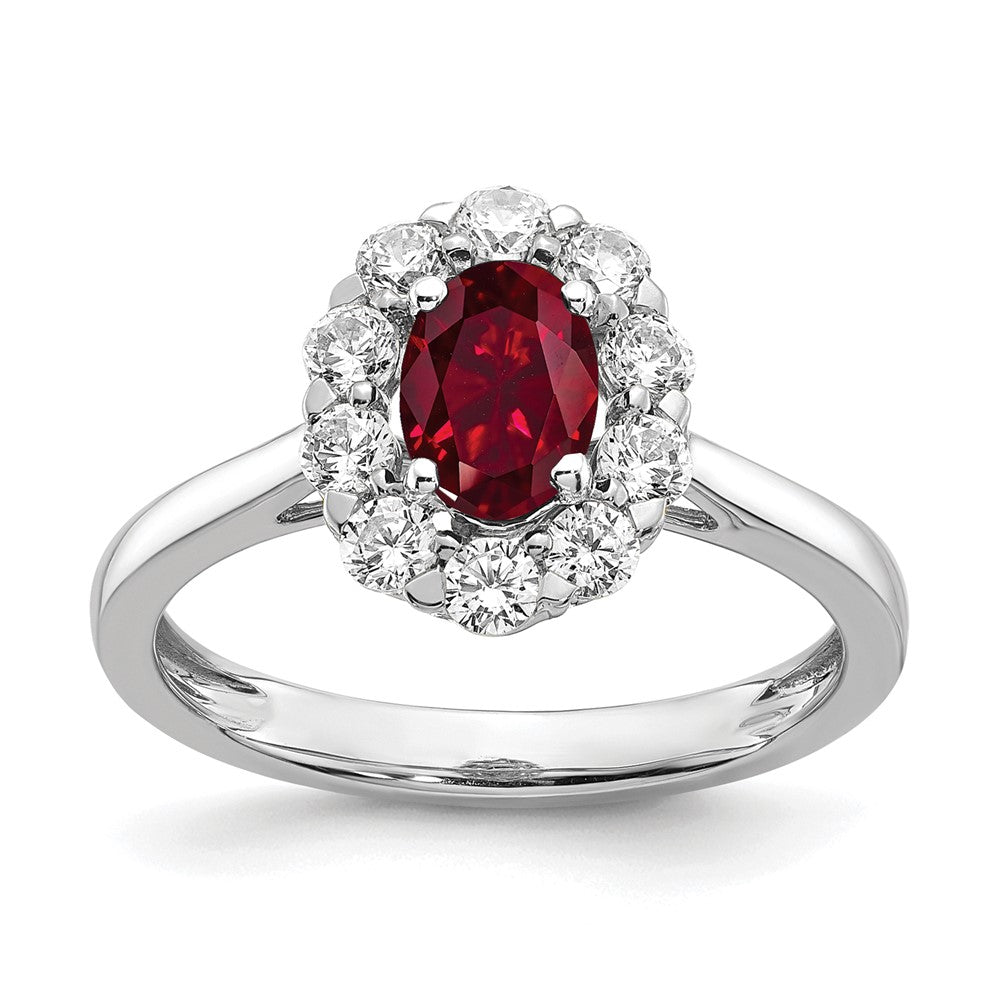 14k White Gold 5/8 ct Lab Grown Diamond VS/SI+ G+ & Created Ruby Halo Ring