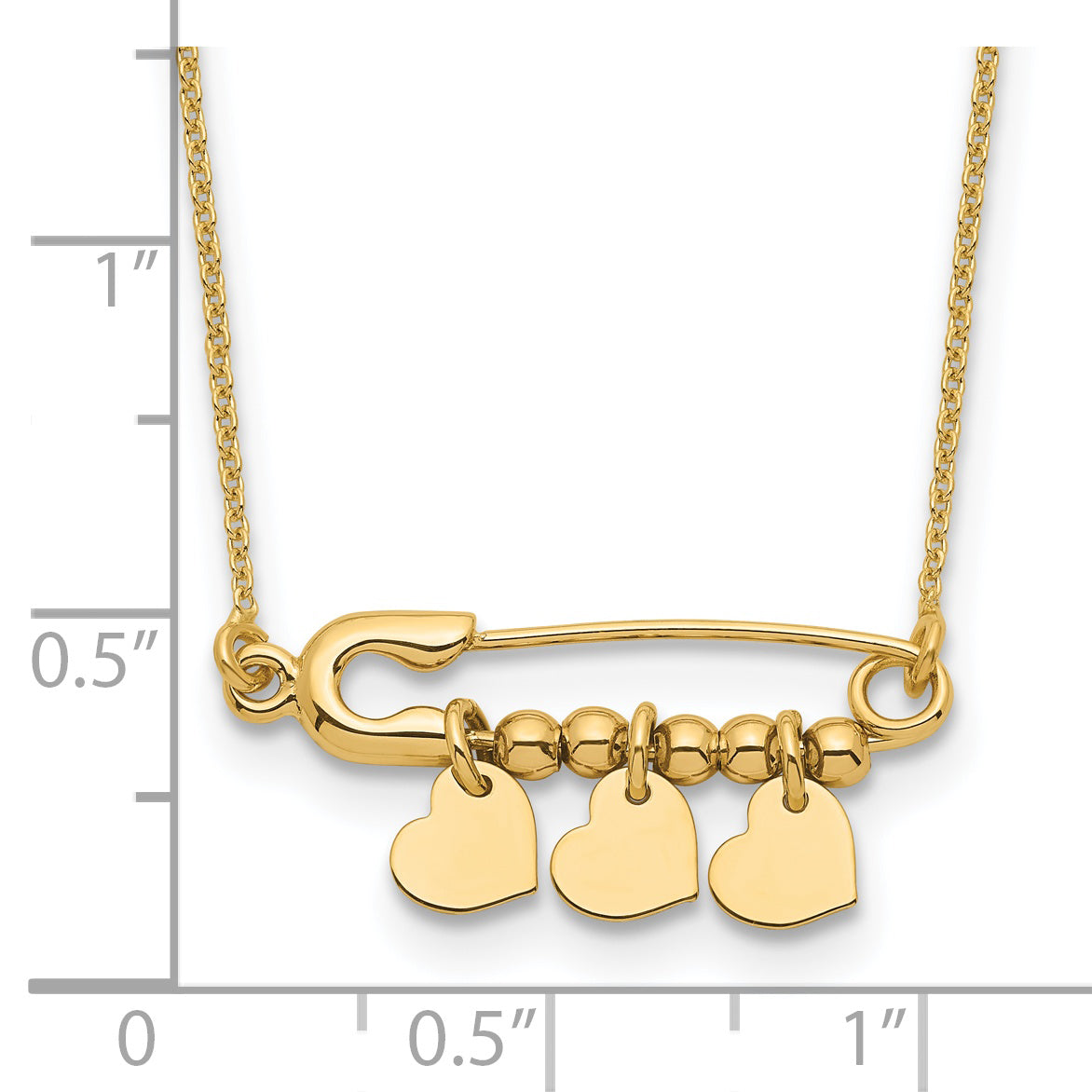 14K Safety Pin with Dangle Hearts Necklace