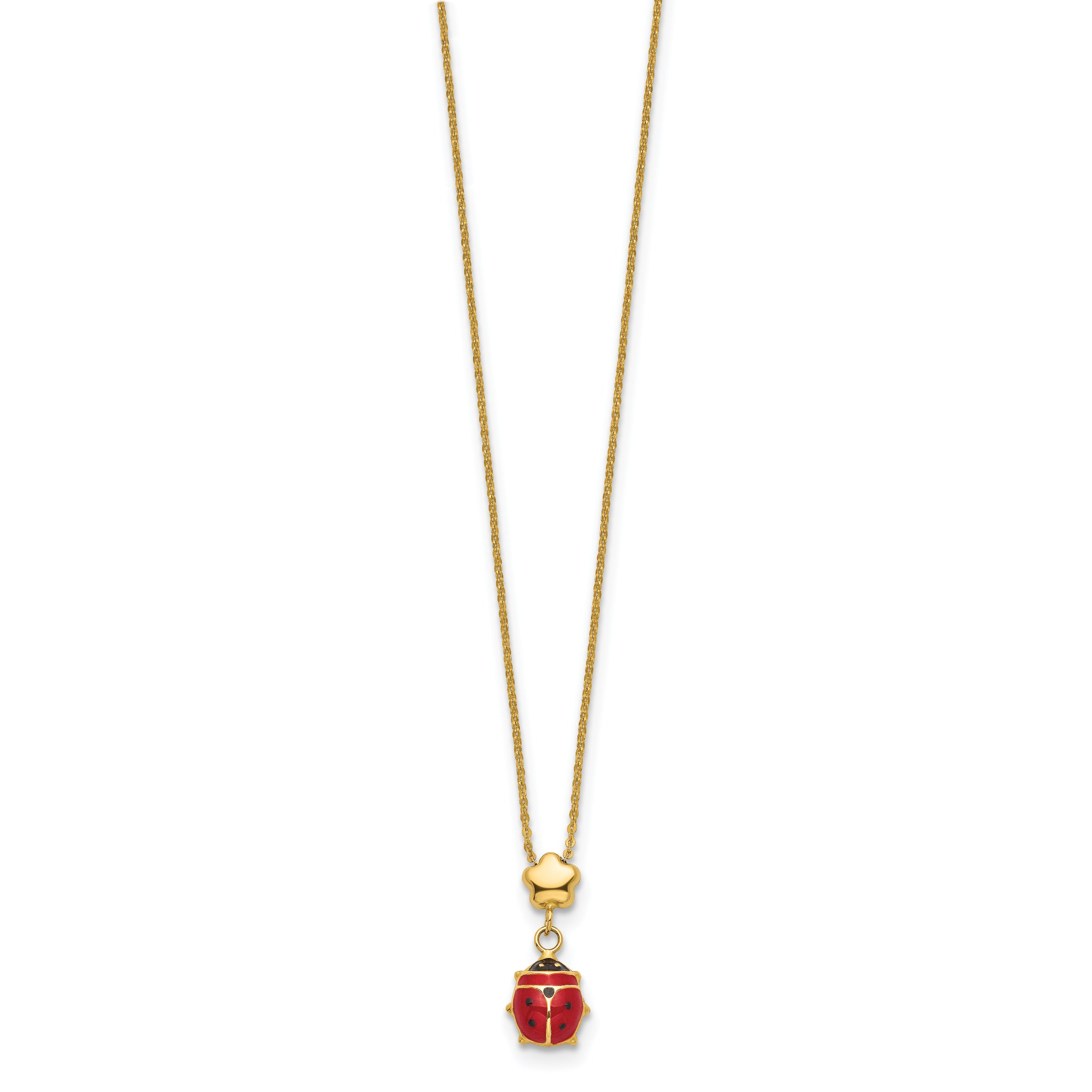 14k Polished Enameled Flower with Ladybug 16.5in Necklace