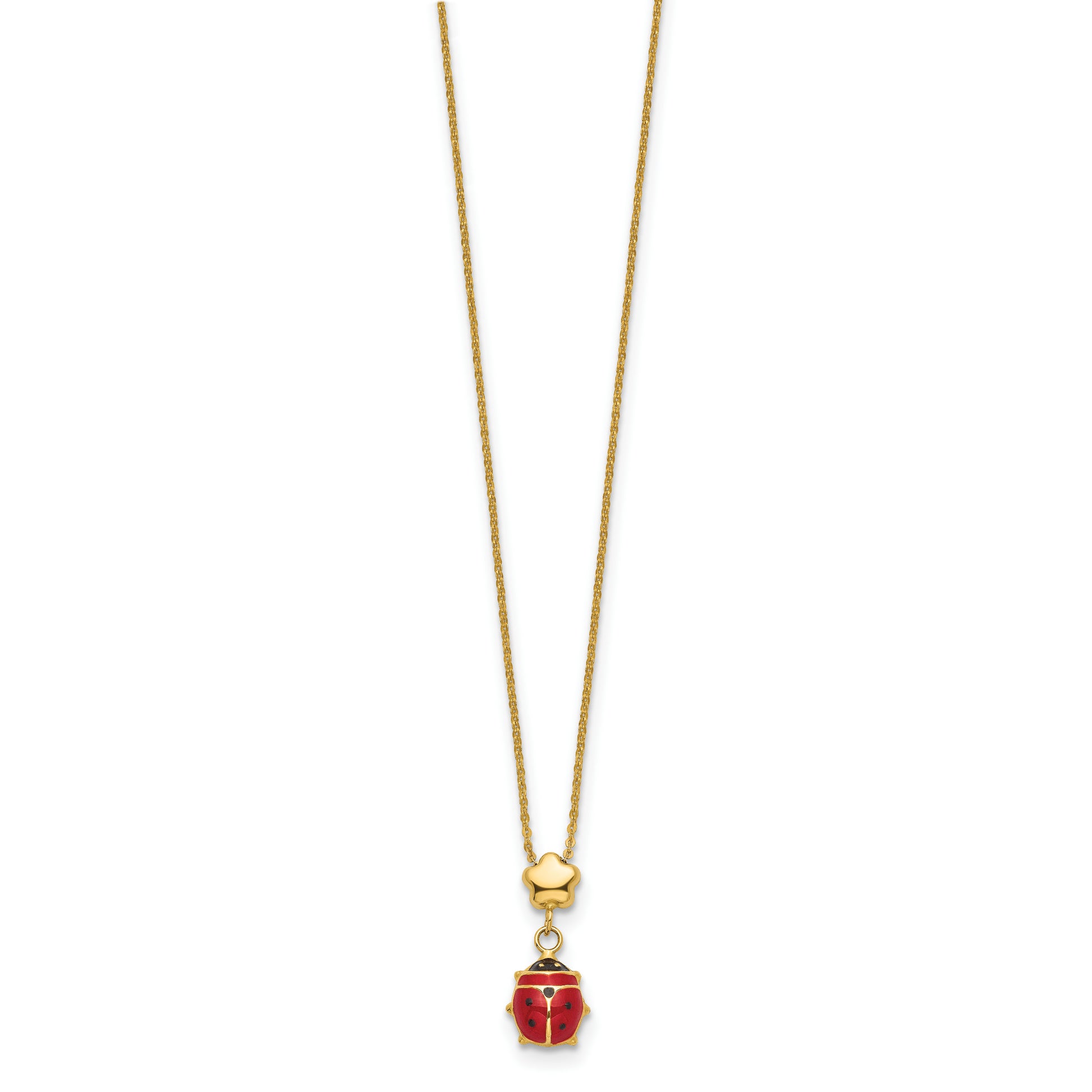 14k Polished Enameled Flower with Ladybug 16.5in Necklace