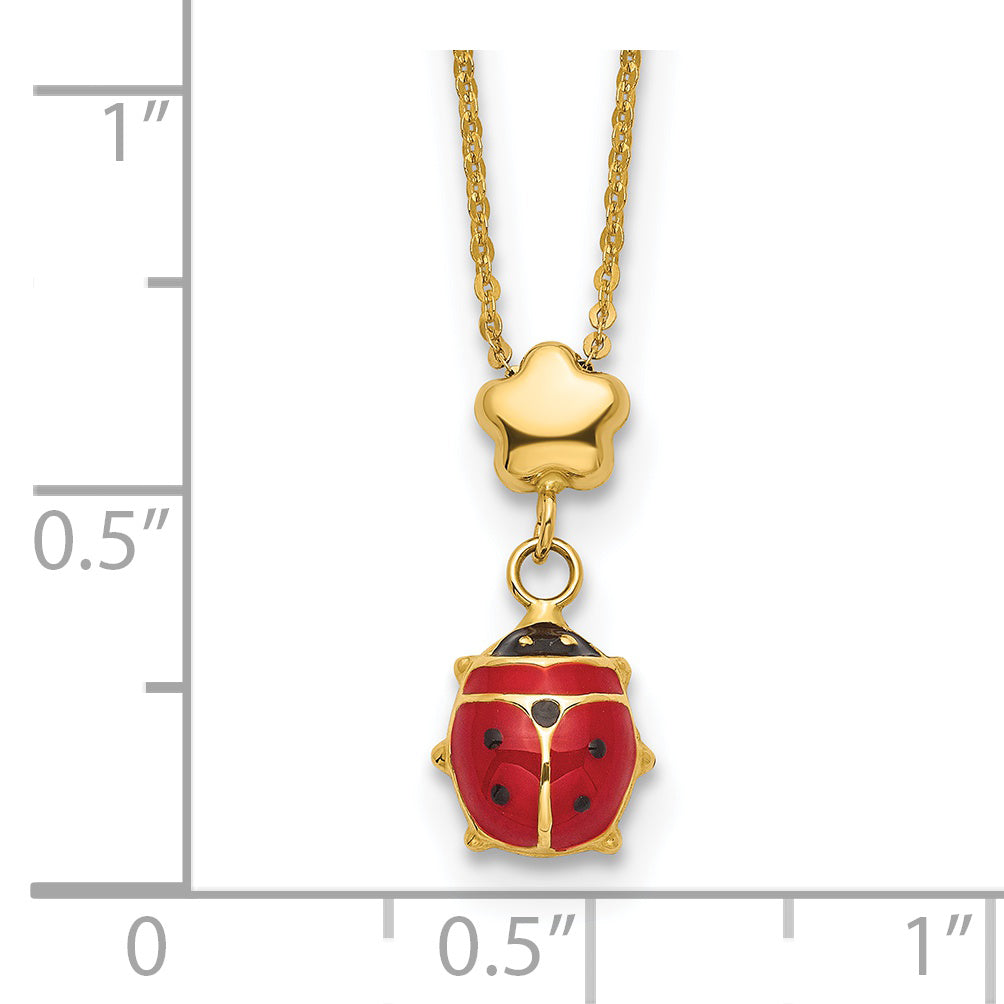 14k Polished Enameled Flower with Ladybug 16.5in Necklace