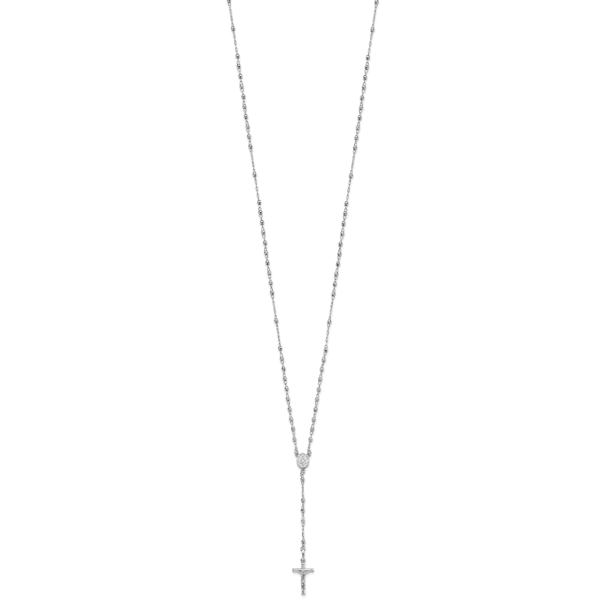 14K White Gold Polished Faceted Beads Rosary 18 inch Necklace