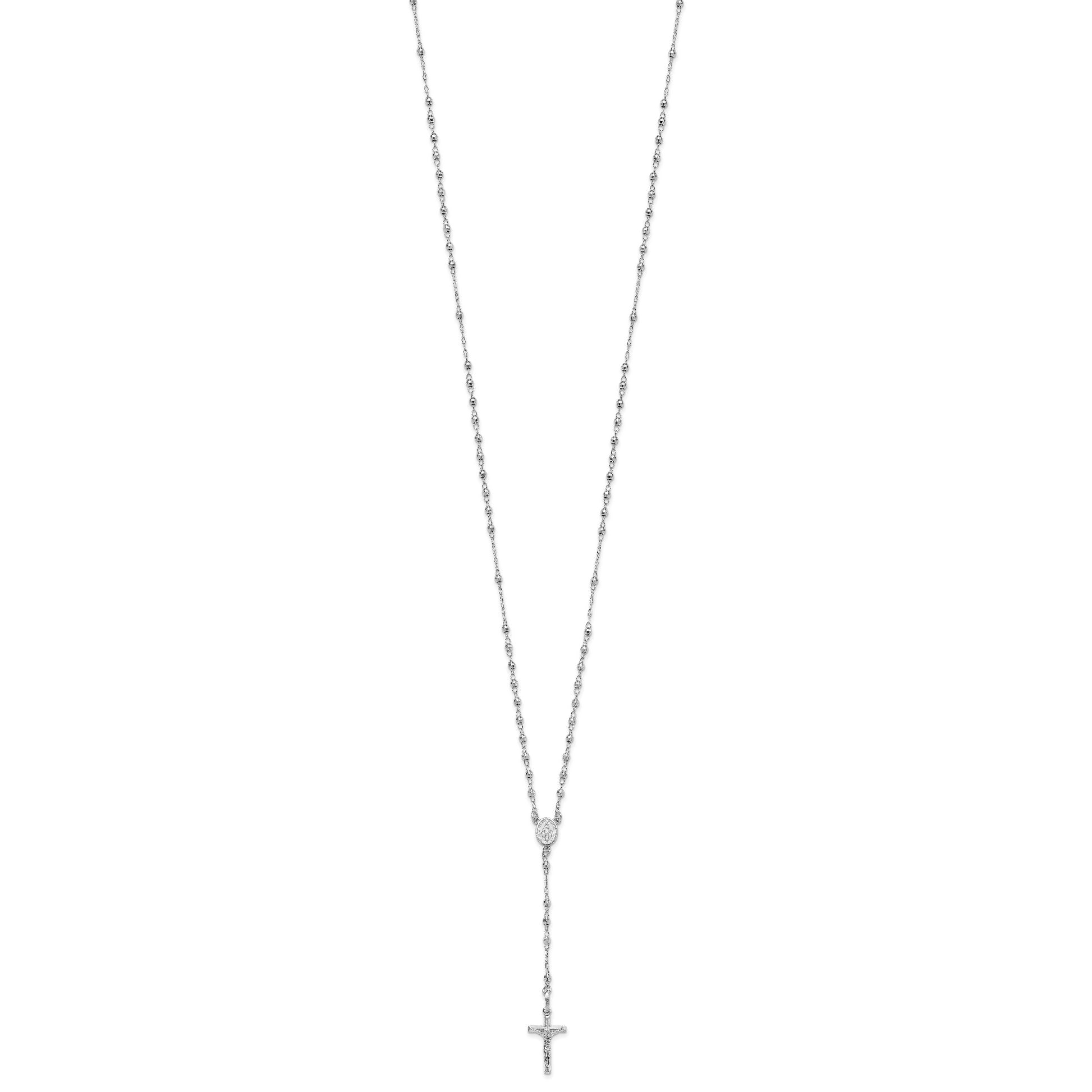 14K White Gold Polished Faceted Beads Rosary 18 inch Necklace
