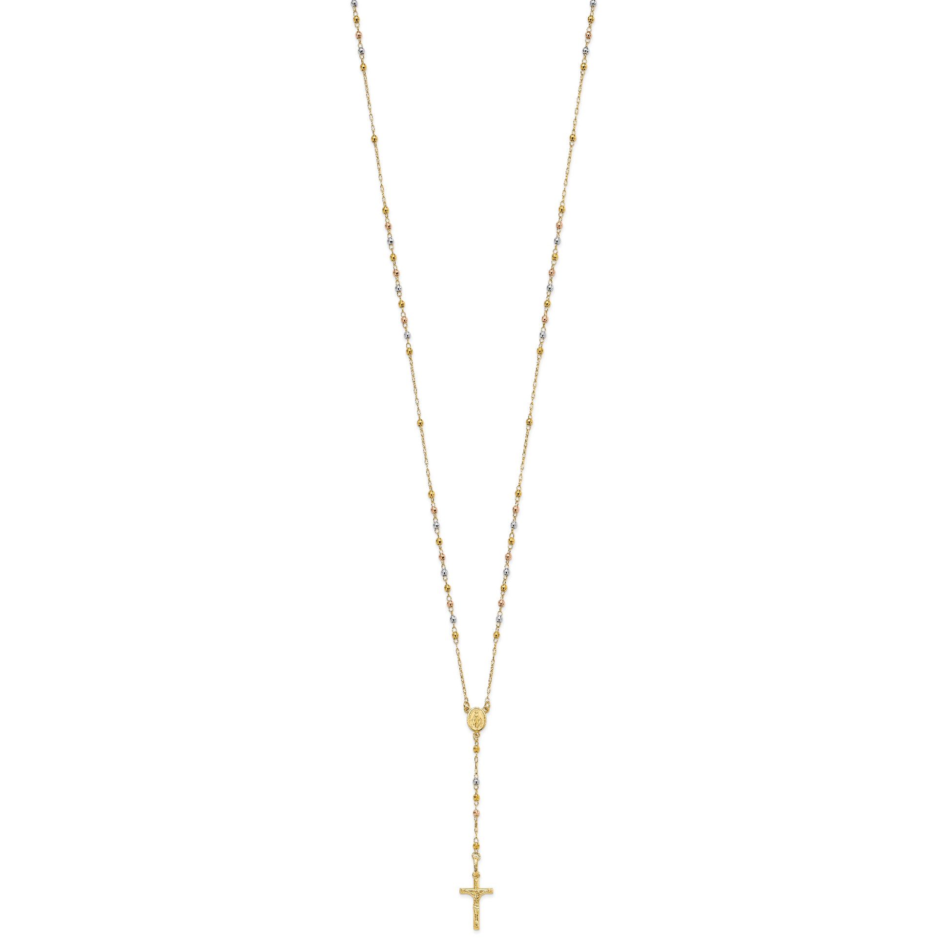 14K Tri-color Polished Faceted Beads Rosary Necklace