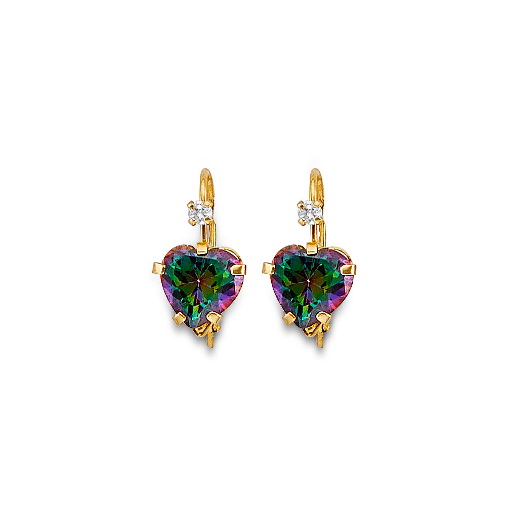 14K Yellow Gold Mystic Heart CZ Wire Hook Earrings