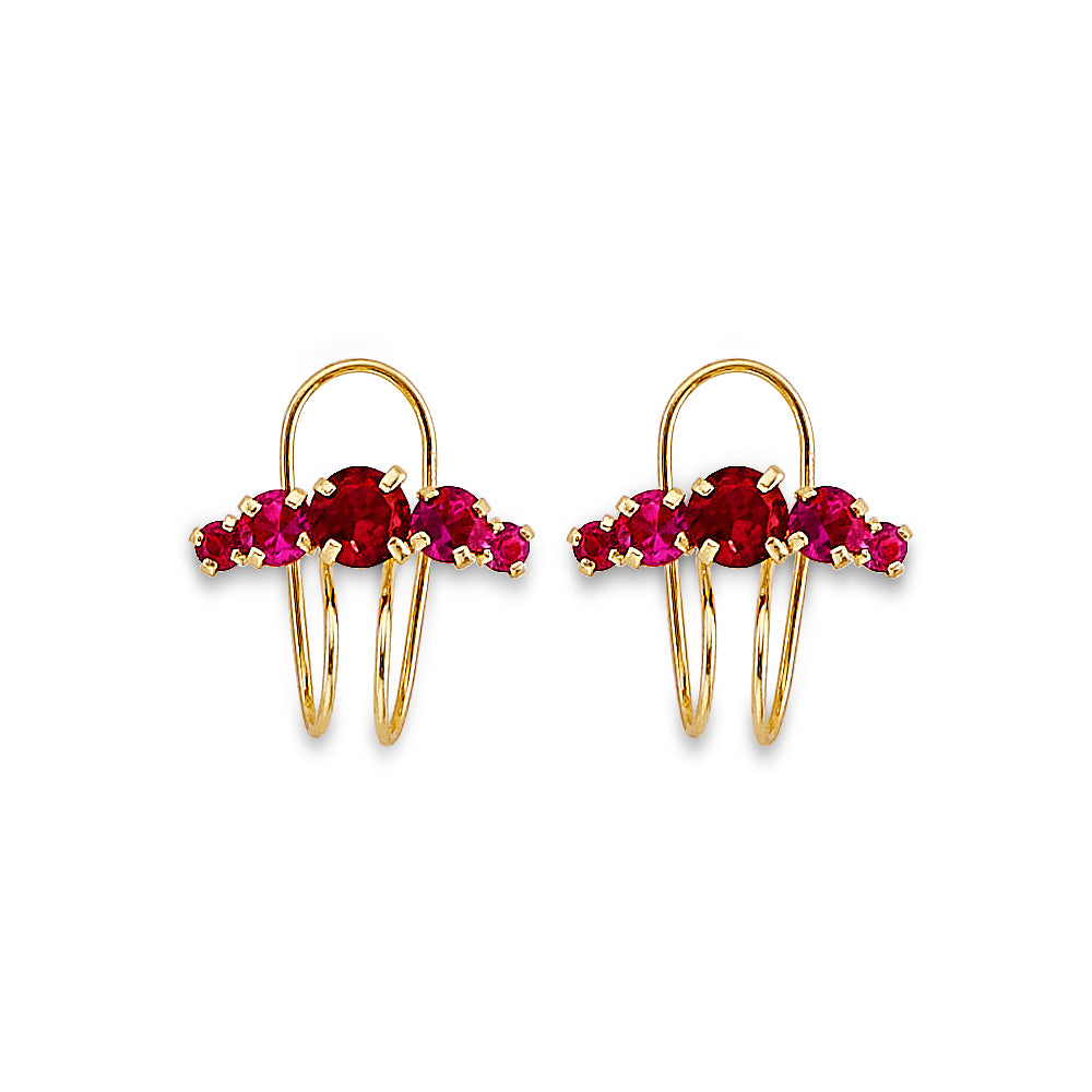 14K Yellow Gold Red CZ Double Loop Stud Earrings