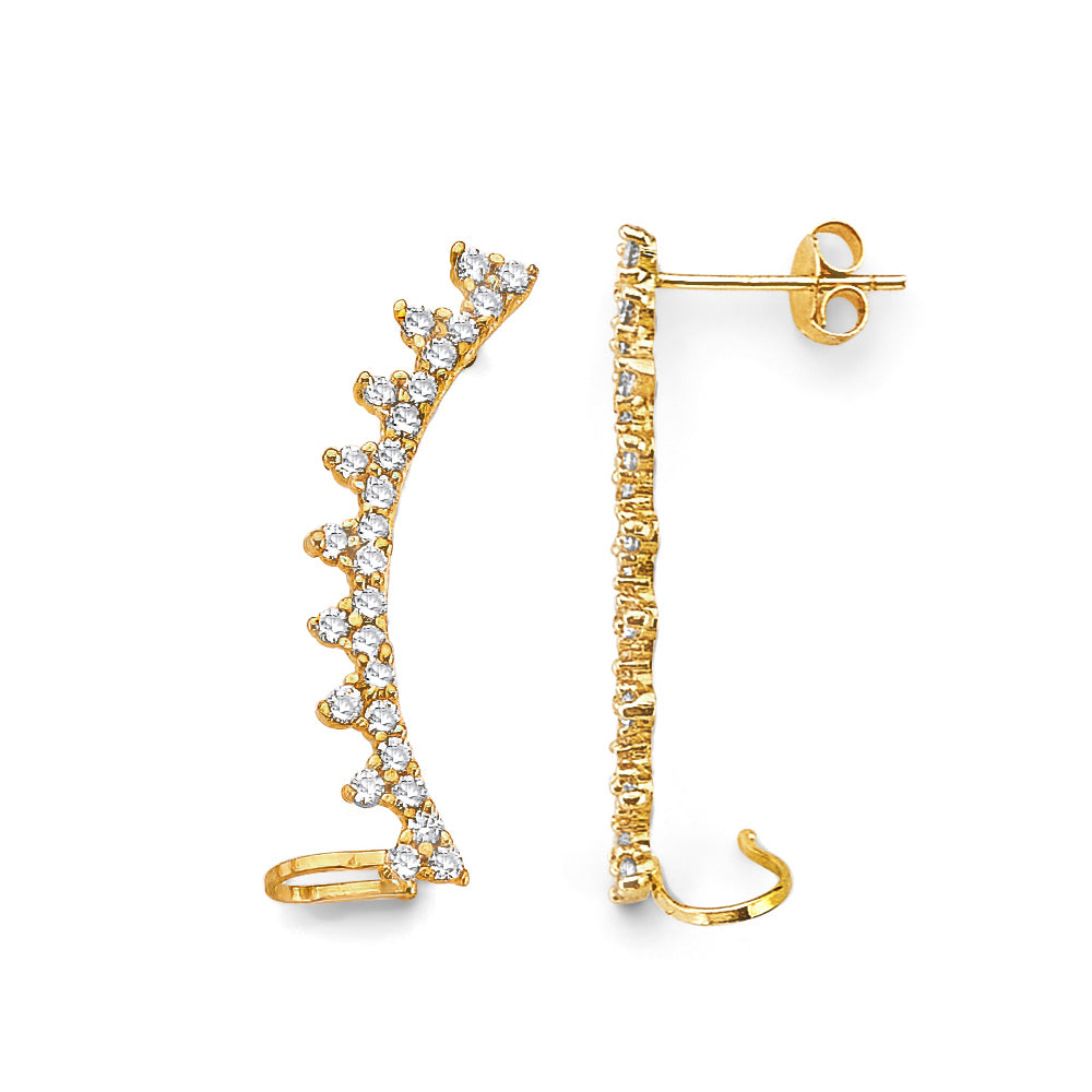 14K Yellow Gold CZ Ear Climber Stud Earrings