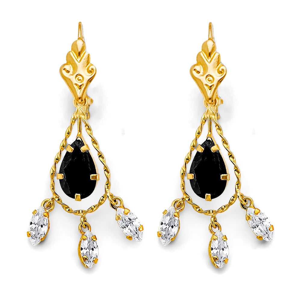 14K Yellow Gold Black & White CZ Chandelier Earrings